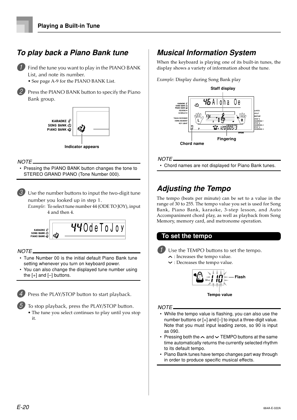 Musical information system, Adjusting the tempo | Casio LK300TV User Manual | Page 22 / 74