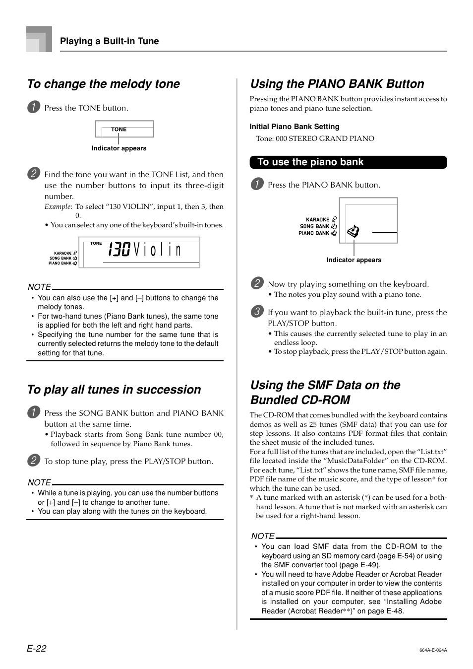 Using the piano bank button, Using the smf data on the bundled cd-rom | Casio LK300TV User Manual | Page 24 / 74