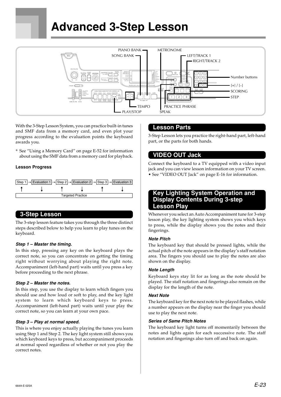 Advanced 3-step lesson, Lesson parts, Video out jack | Step lesson, E-23 | Casio LK300TV User Manual | Page 25 / 74