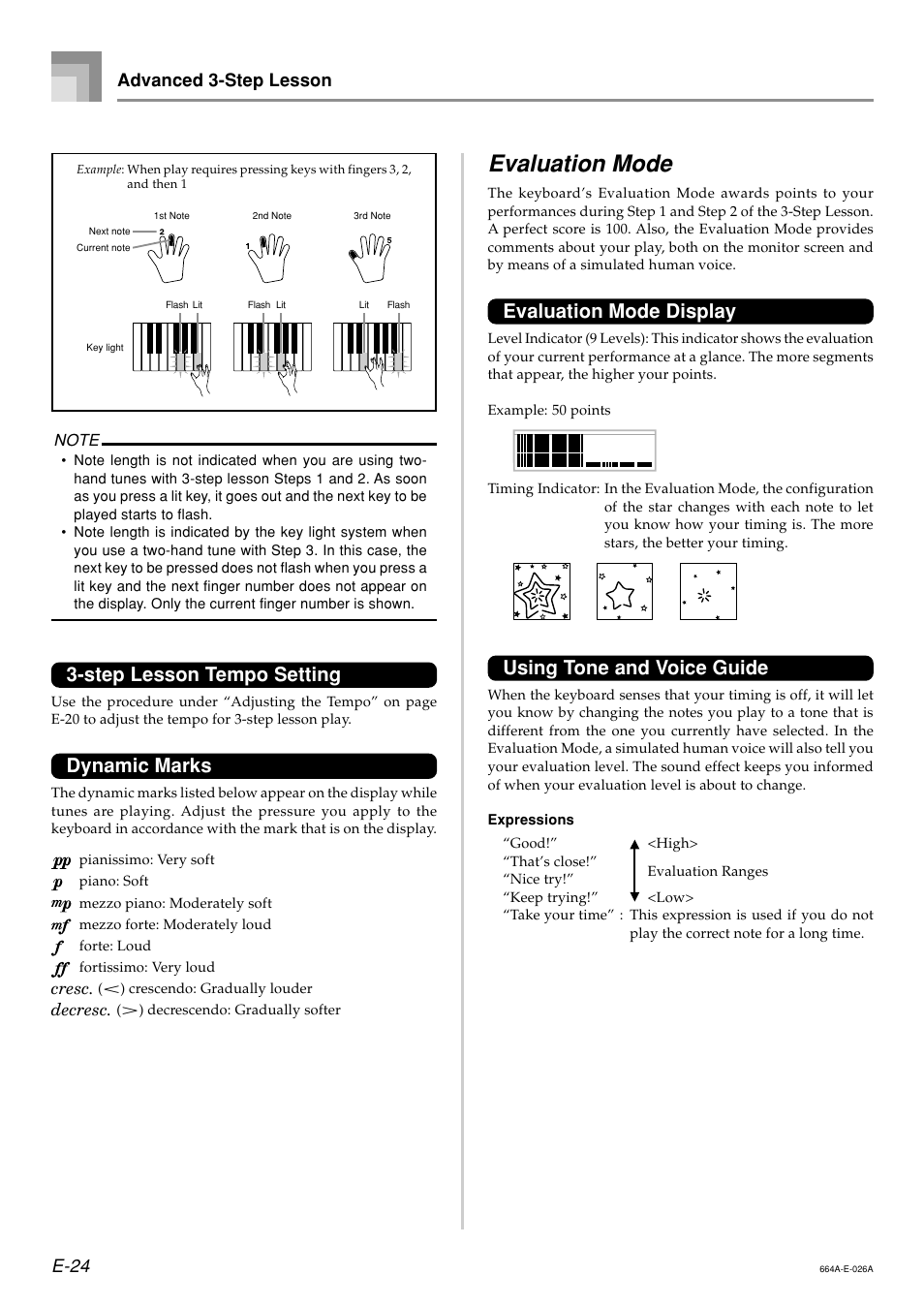 Evaluation mode, Step lesson tempo setting, Dynamic marks | Evaluation mode display, Using tone and voice guide, E-24 advanced 3-step lesson | Casio LK300TV User Manual | Page 26 / 74