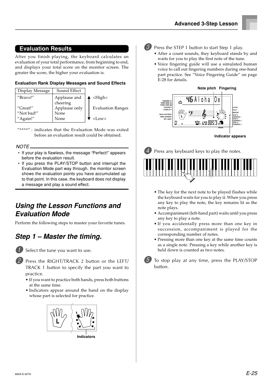 Using the lesson functions and evaluation mode, Step 1 – master the timing, Evaluation results | Casio LK300TV User Manual | Page 27 / 74