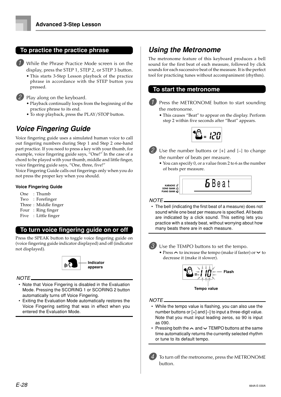 B e a t, Voice fingering guide, Using the metronome | Casio LK300TV User Manual | Page 30 / 74
