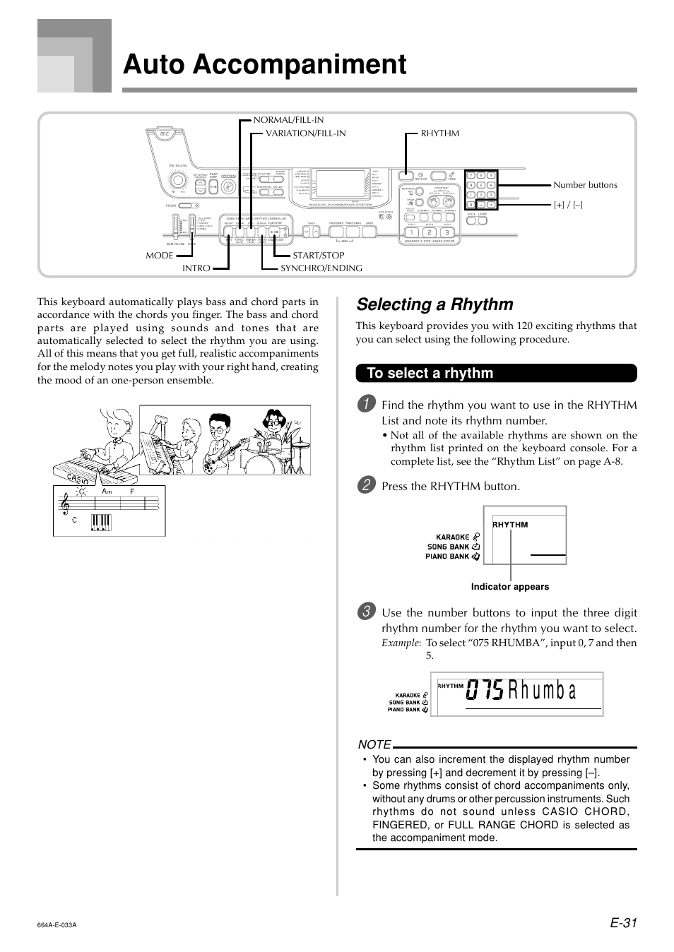 Auto accompaniment, R h u mb a, Selecting a rhythm | Casio LK300TV User Manual | Page 33 / 74