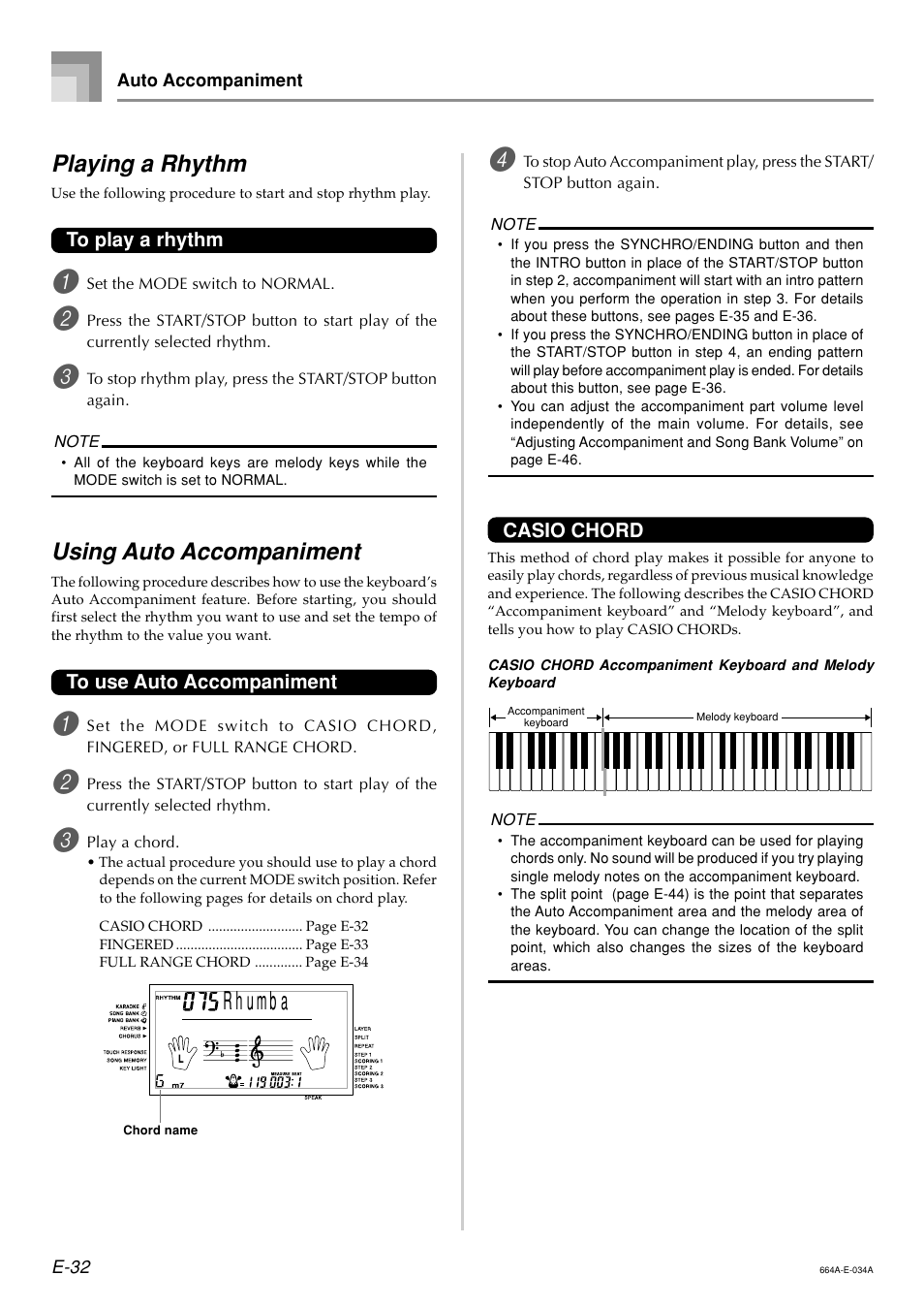 Playing a rhythm, Using auto accompaniment | Casio LK300TV User Manual | Page 34 / 74