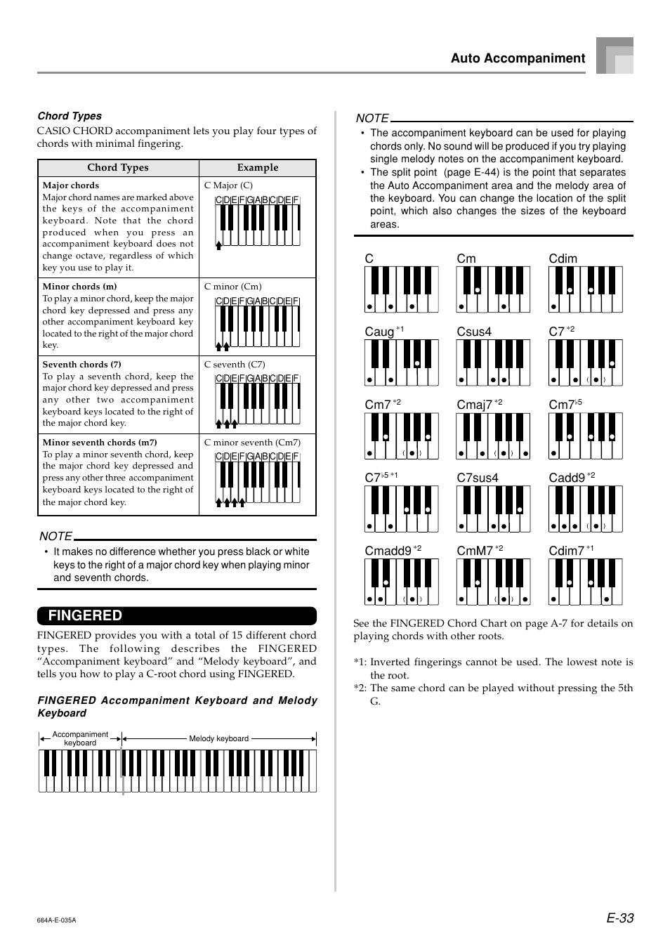 Fingered, E-33, Auto accompaniment | Casio LK300TV User Manual | Page 35 / 74