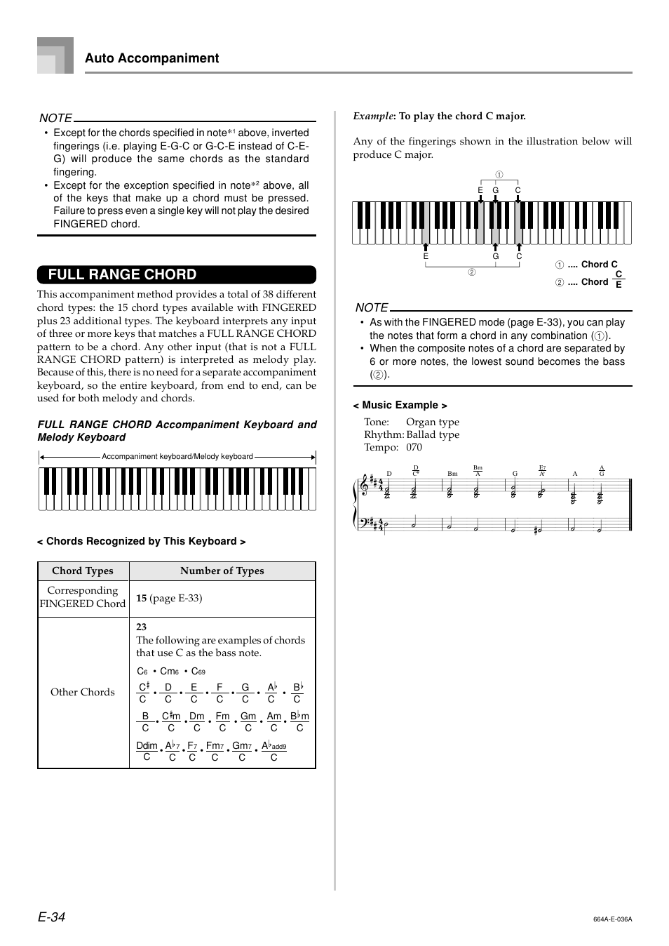 Full range chord, E-34, Auto accompaniment | Casio LK300TV User Manual | Page 36 / 74