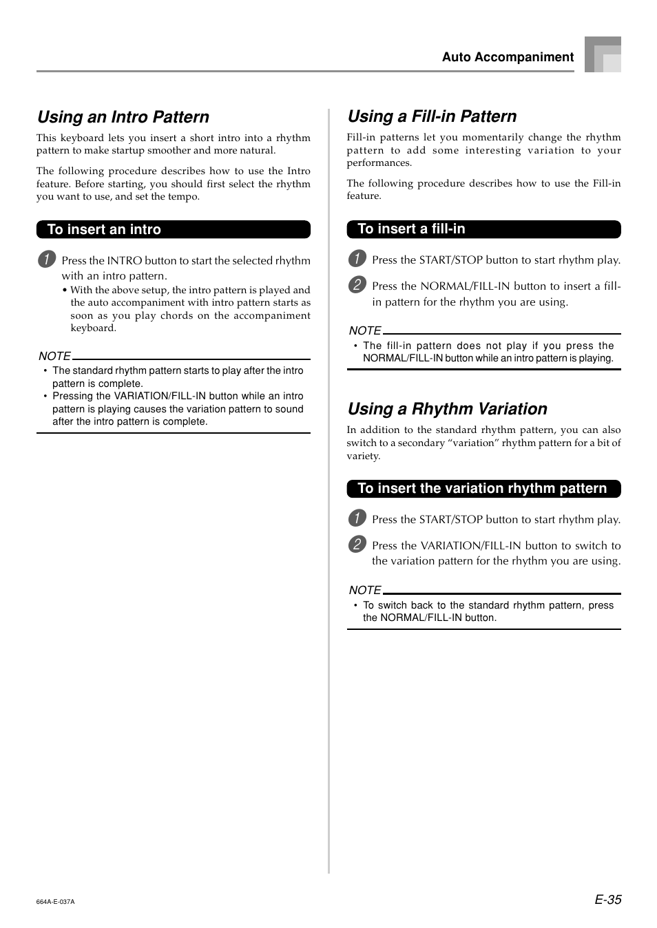 Using an intro pattern, Using a fill-in pattern, Using a rhythm variation | Casio LK300TV User Manual | Page 37 / 74