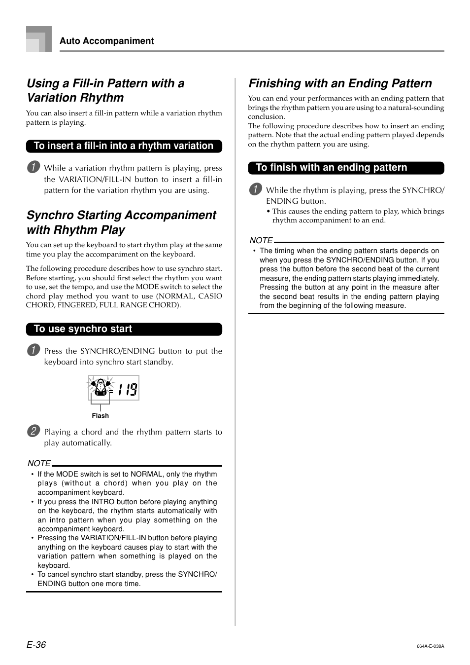 Using a fill-in pattern with a variation rhythm, Synchro starting accompaniment with rhythm play, Finishing with an ending pattern | Casio LK300TV User Manual | Page 38 / 74