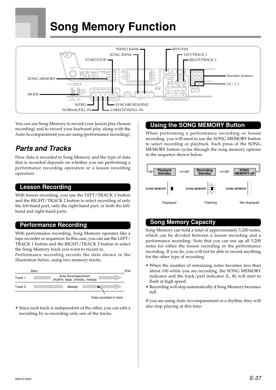 Parts and tracks, Lesson recording, Performance recording | E-37 | Casio LK300TV User Manual | Page 39 / 74