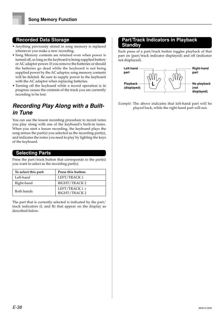 Recording play along with a built- in tune, Recorded data storage, Selecting parts | Part/track indicators in playback standby | Casio LK300TV User Manual | Page 40 / 74