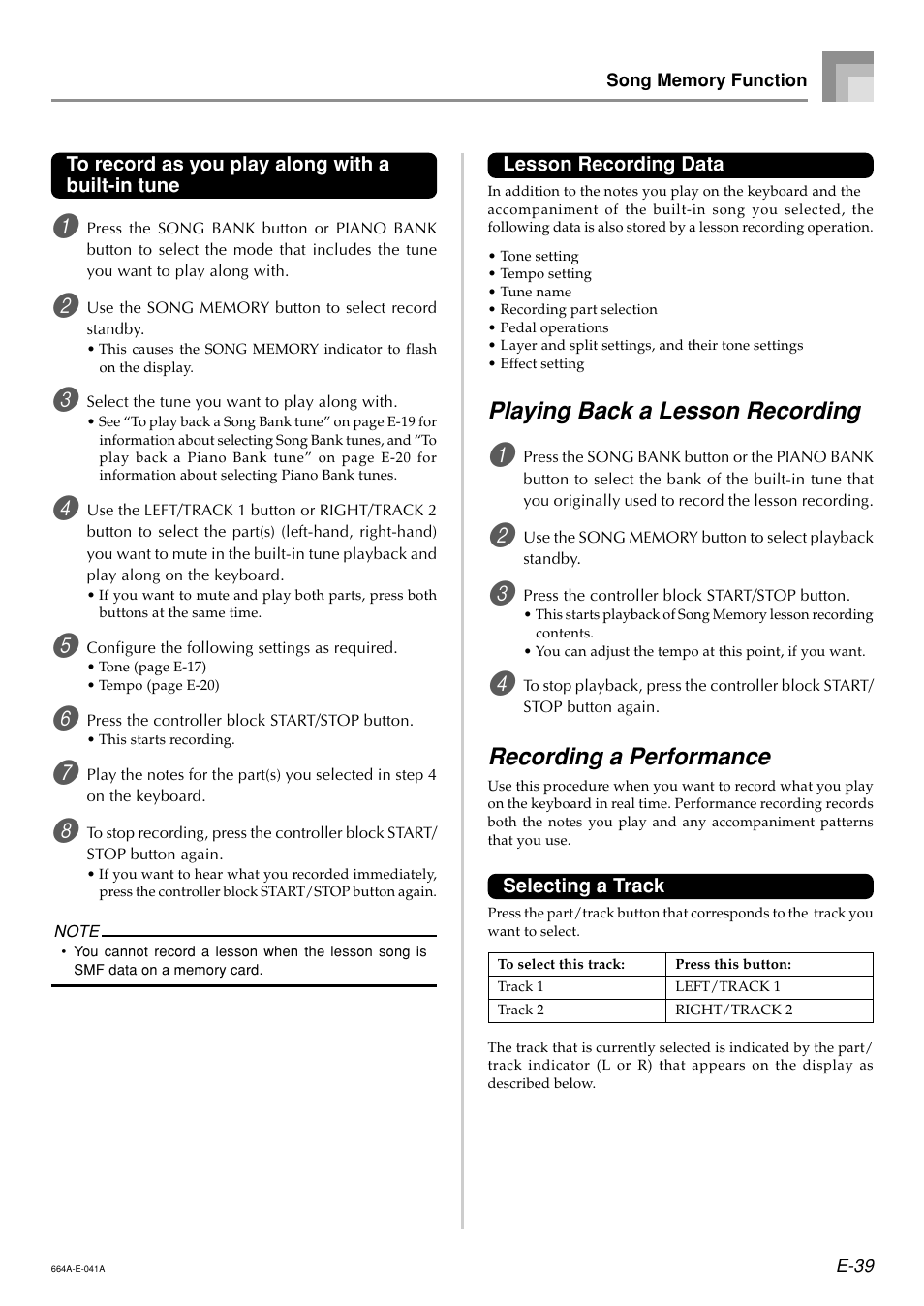 Playing back a lesson recording, Recording a performance | Casio LK300TV User Manual | Page 41 / 74