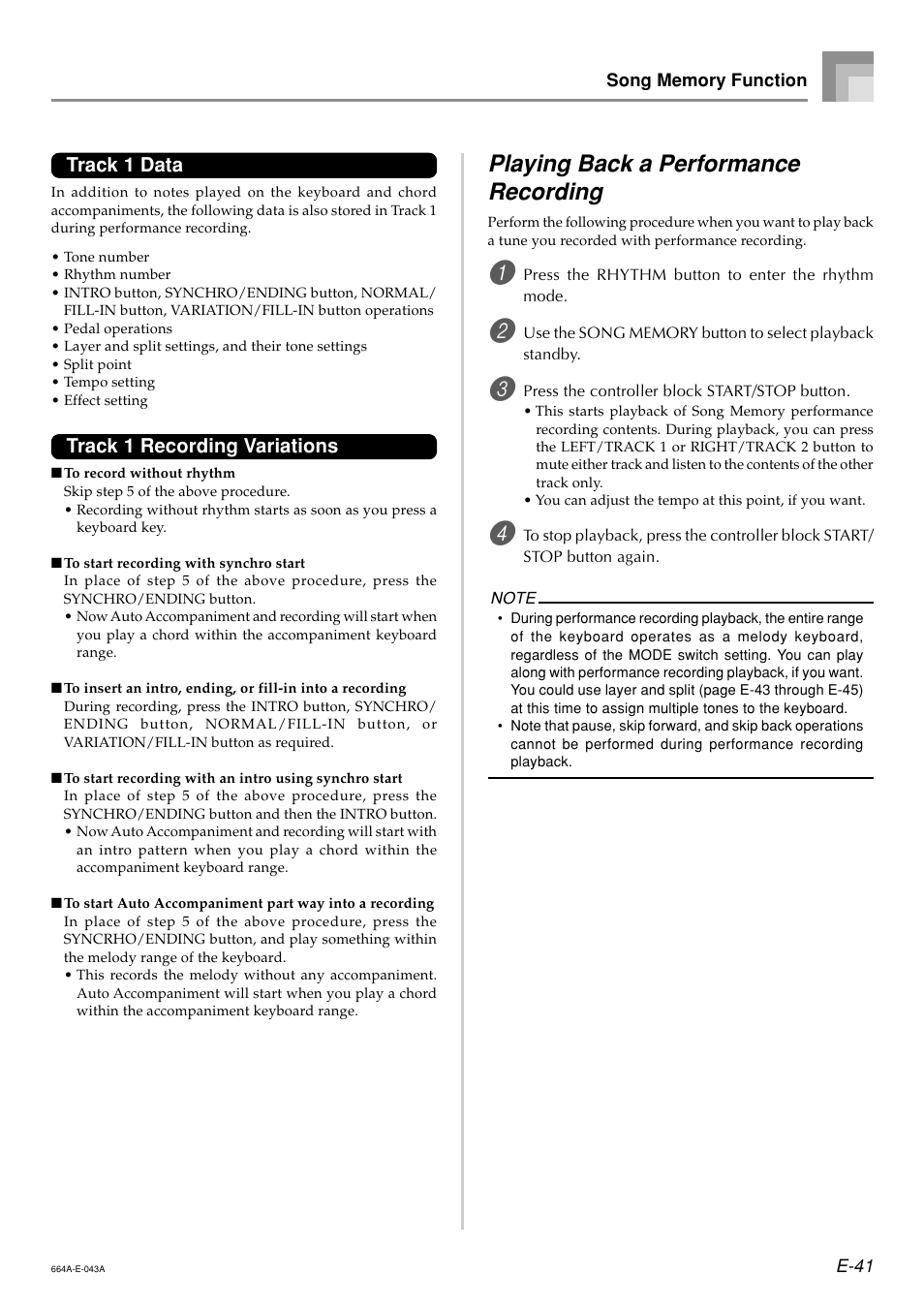 Playing back a performance recording, Track 1 data, Track 1 recording variations | Casio LK300TV User Manual | Page 43 / 74