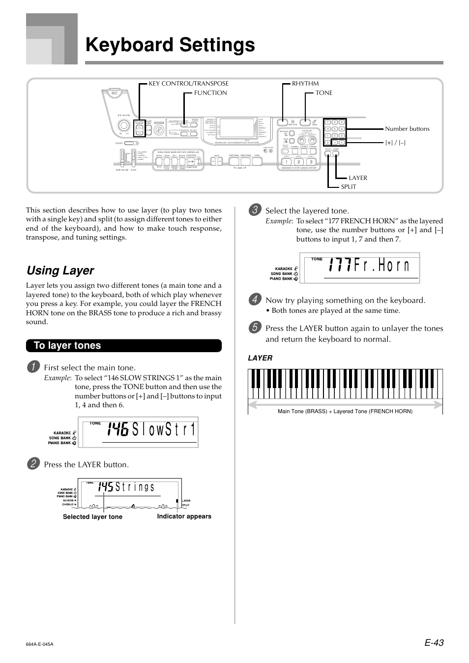 Keyboard settings, S l o ws r t 1, F r r . h o n | Using layer | Casio LK300TV User Manual | Page 45 / 74