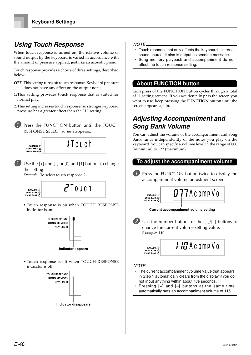 Using touch response, Adjusting accompaniment and song bank volume | Casio LK300TV User Manual | Page 48 / 74