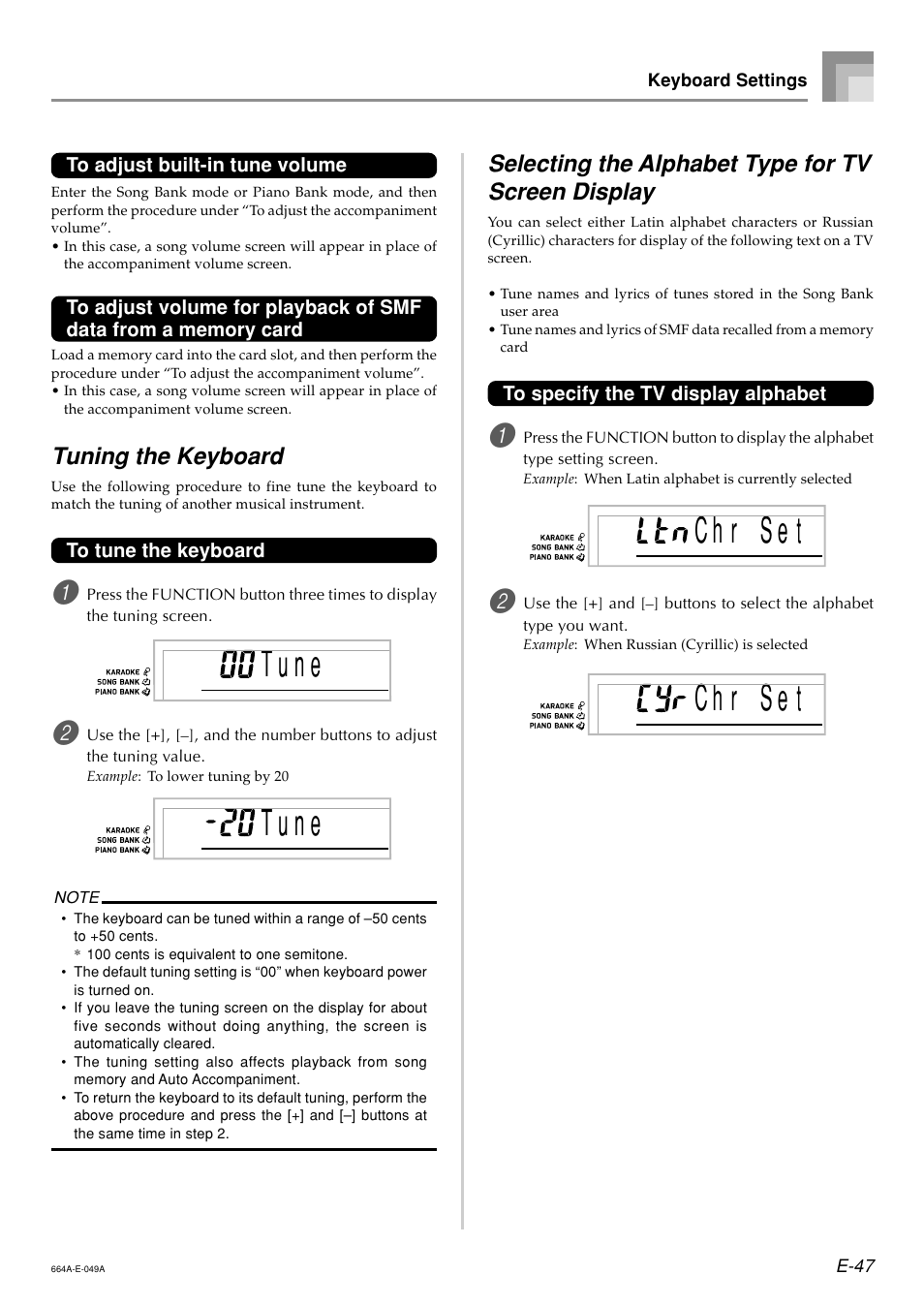 T u n e, Tuning the keyboard, Selecting the alphabet type for tv screen display | Casio LK300TV User Manual | Page 49 / 74