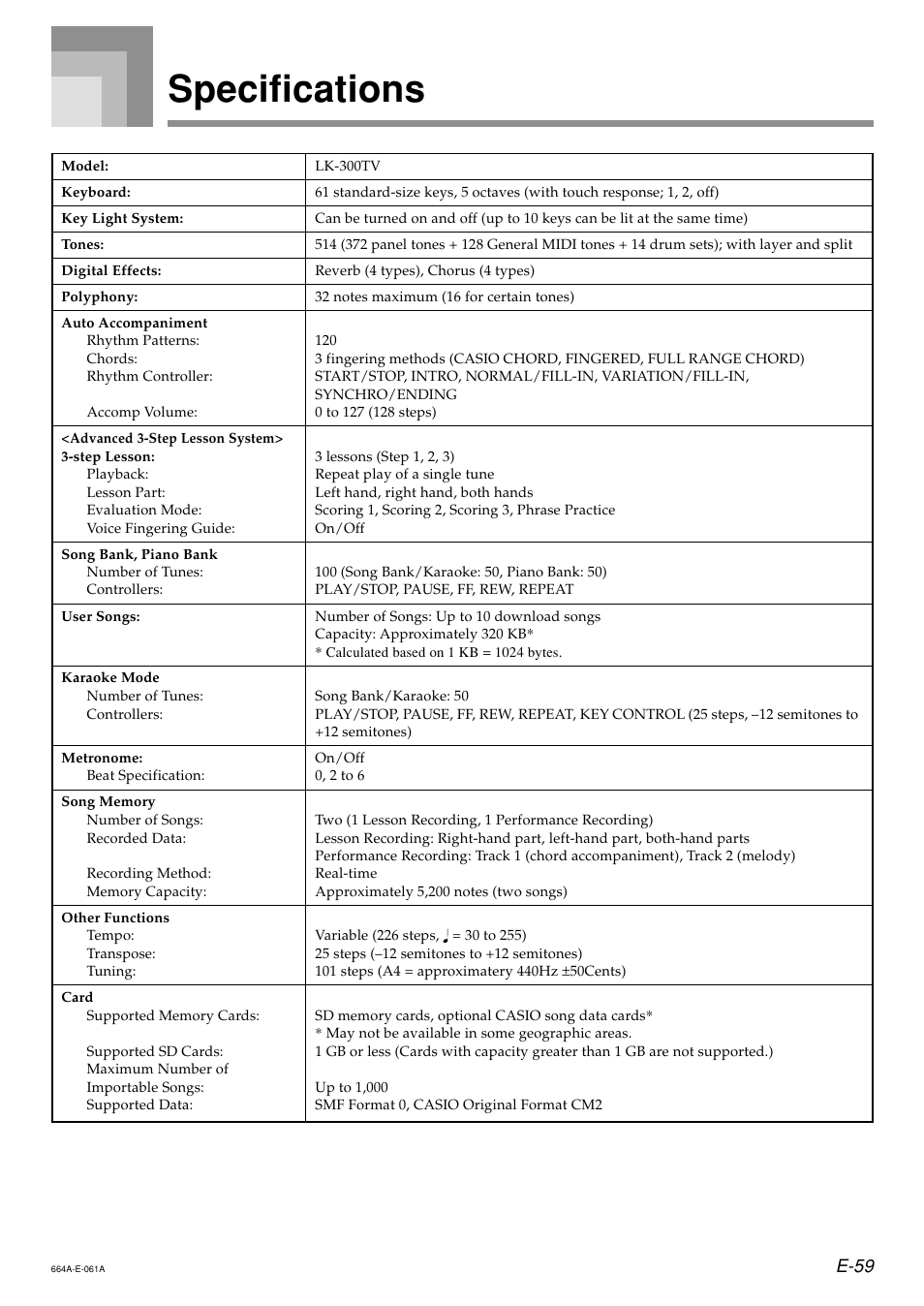 Specifications, E-59 | Casio LK300TV User Manual | Page 61 / 74