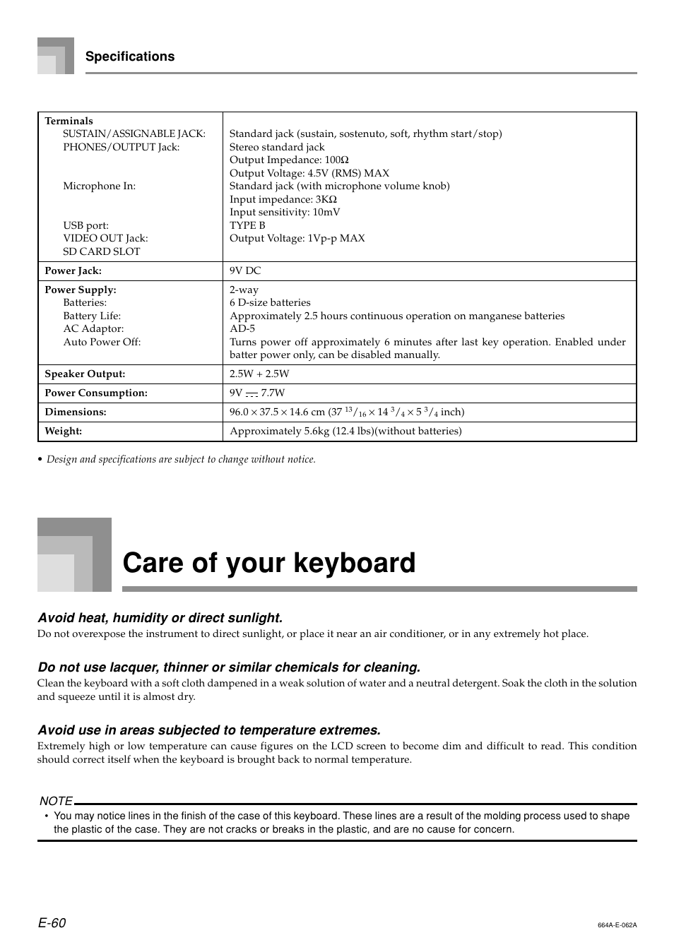 Care of your keyboard, E-60 specifications, Avoid heat, humidity or direct sunlight | Casio LK300TV User Manual | Page 62 / 74