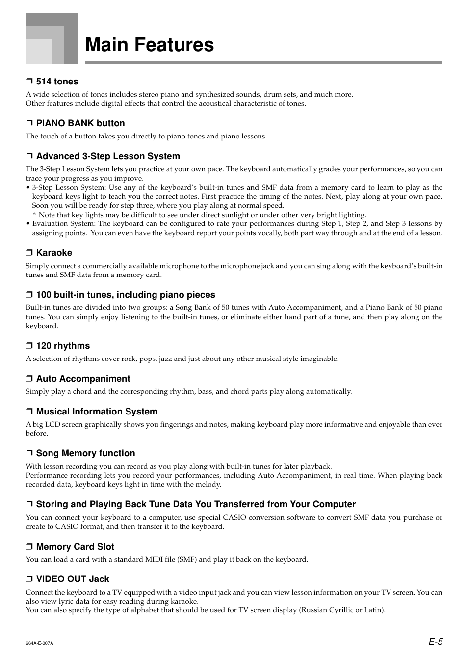 Main features | Casio LK300TV User Manual | Page 7 / 74