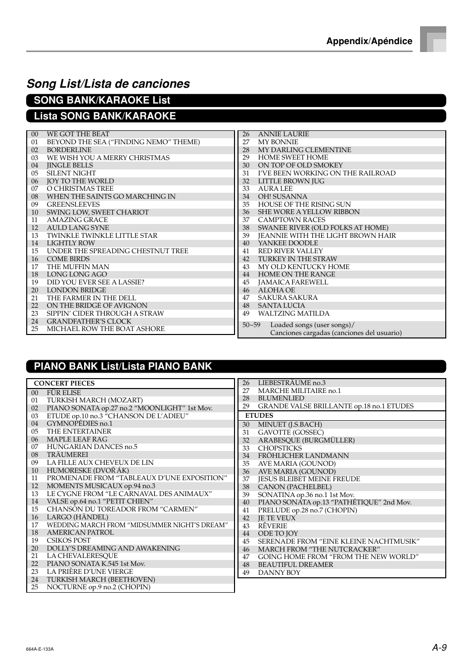 Song list/lista de canciones, Appendix/apéndice | Casio LK300TV User Manual | Page 71 / 74