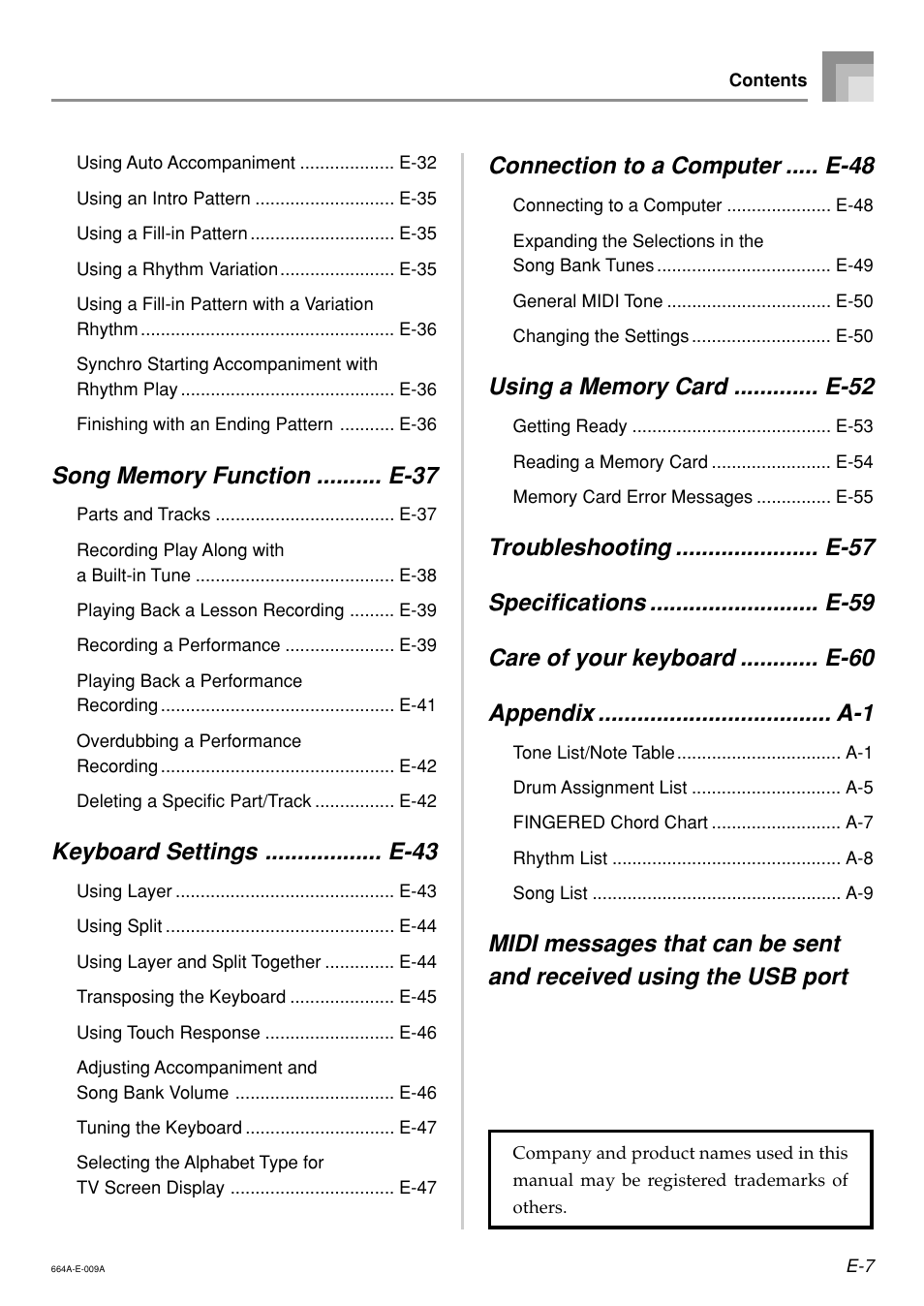 Keyboard settings .................. e-43, Connection to a computer ..... e-48 | Casio LK300TV User Manual | Page 9 / 74