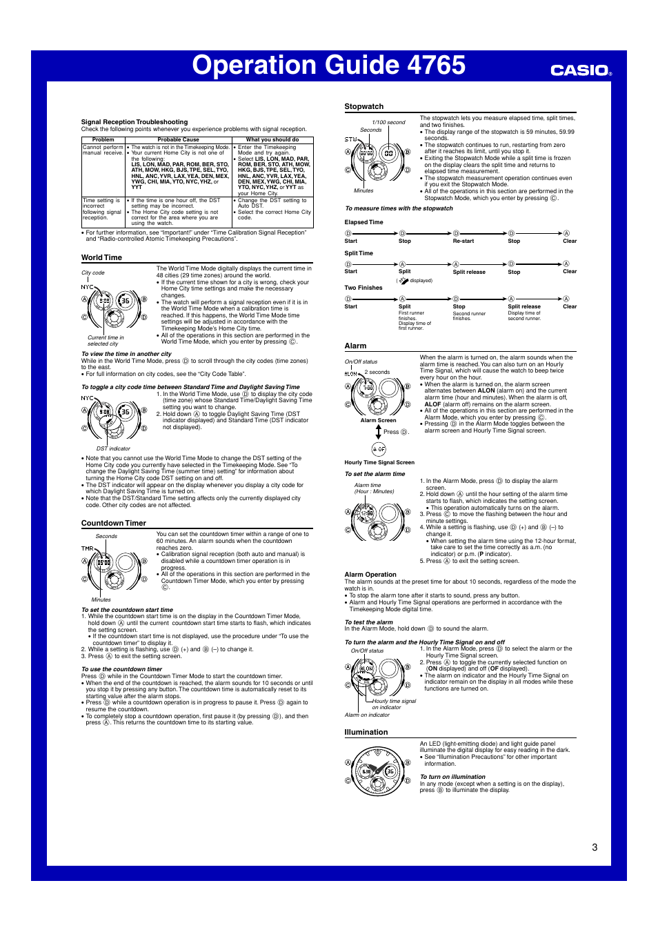 World time, Countdown timer, Stopwatch | Alarm, Illumination, Operation guide 4765 | Casio Operation Guide 4765 User Manual | Page 3 / 6