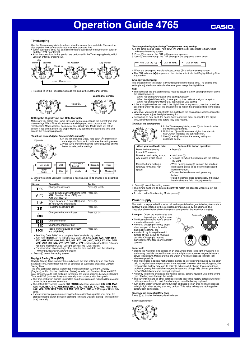 Timekeeping, Power supply, Operation guide 4765 | Casio Operation Guide 4765 User Manual | Page 4 / 6