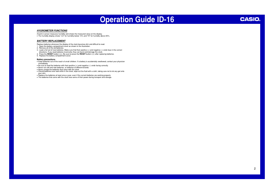 Hygrometer functions, Battery replacement, Operation guide id-16 | Casio ID-16 User Manual | Page 2 / 2