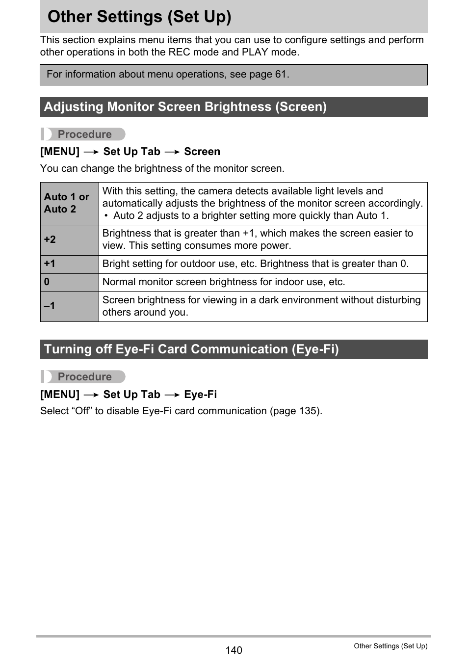 Other settings (set up), Adjusting monitor screen brightness (screen), Turning off eye-fi card communication (eye-fi) | Other settings, Set up) 140 | Casio EXILIM EX-Z2000 User Manual | Page 140 / 195