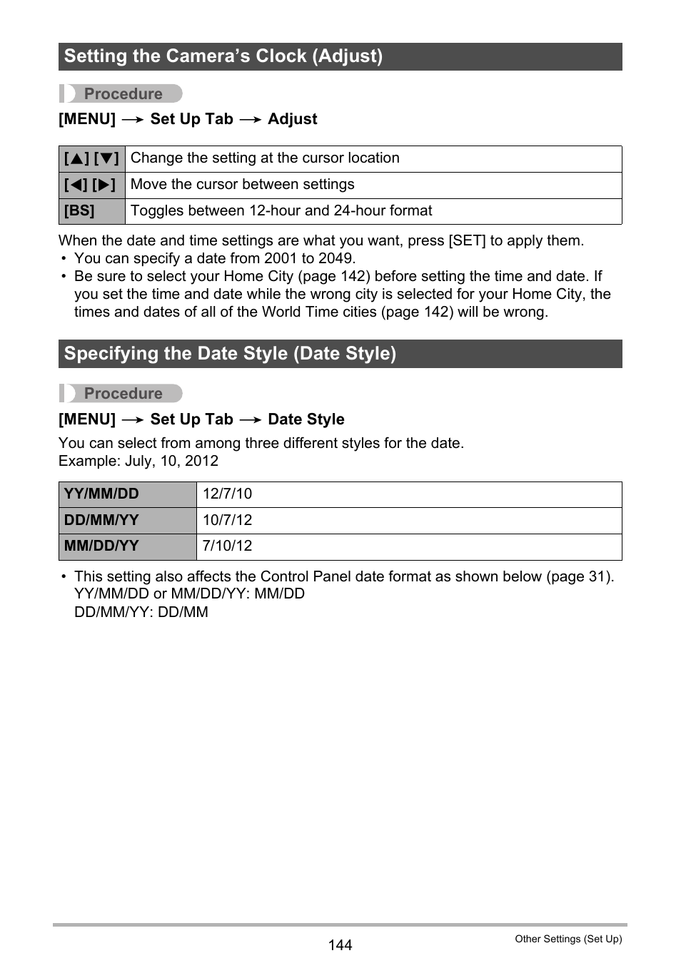 Setting the camera’s clock (adjust), Specifying the date style (date style) | Casio EXILIM EX-Z2000 User Manual | Page 144 / 195