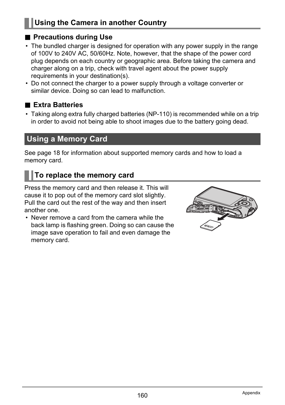 Using the camera in another country, Using a memory card, To replace the memory card | Casio EXILIM EX-Z2000 User Manual | Page 160 / 195