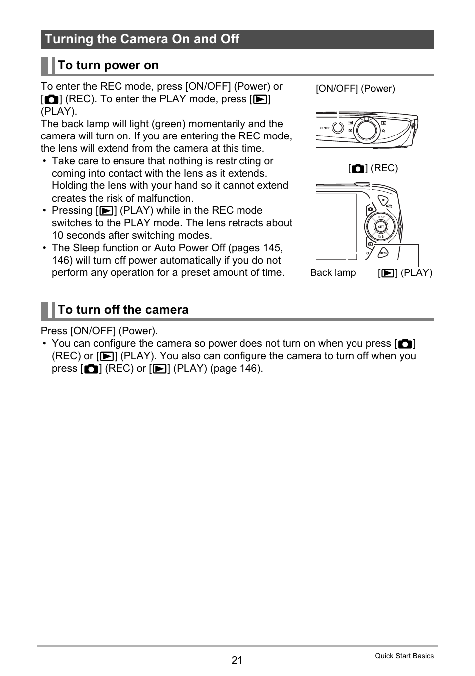 Turning the camera on and off, To turn power on, To turn off the camera | Casio EXILIM EX-Z2000 User Manual | Page 21 / 195