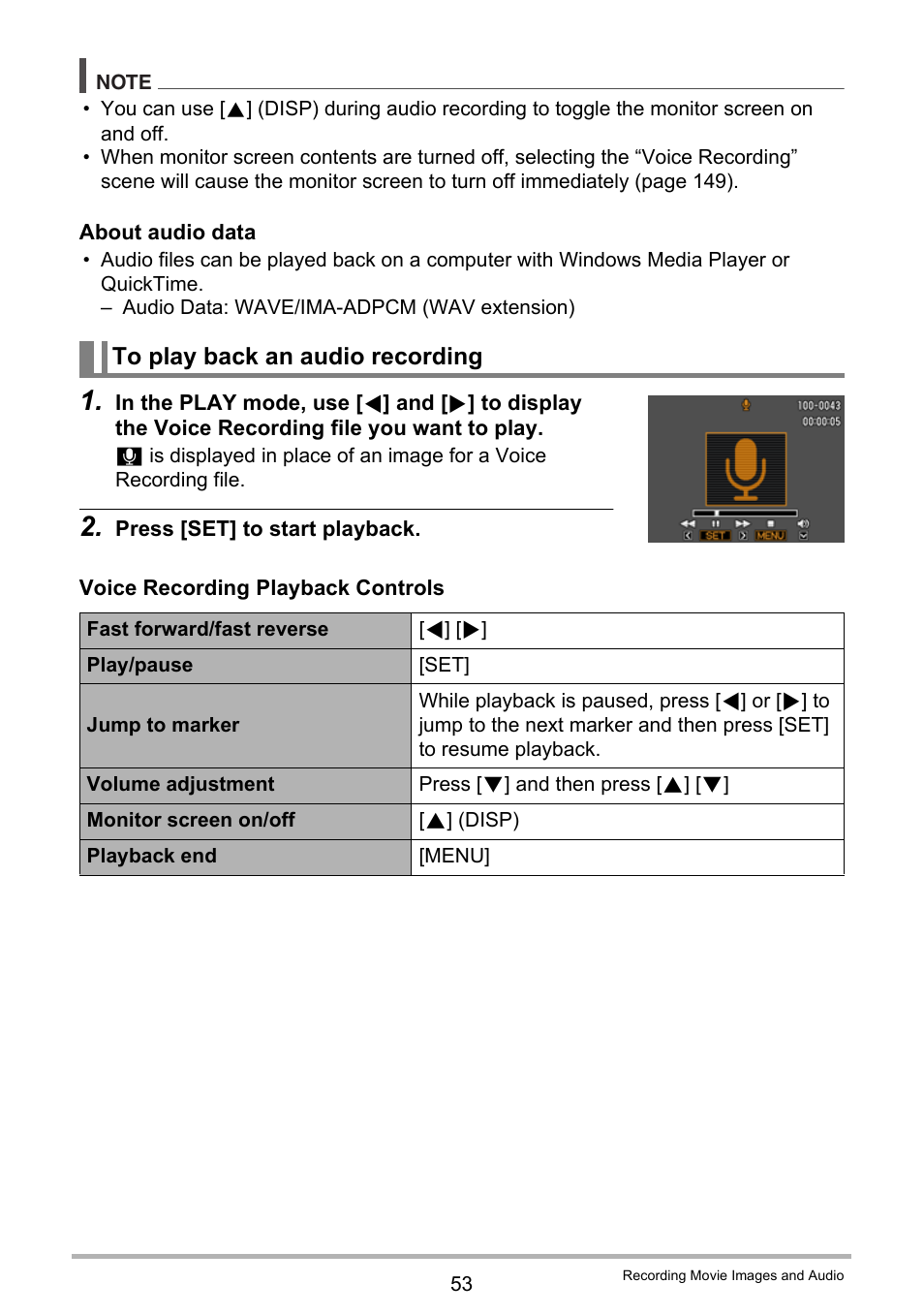 To play back an audio recording | Casio EXILIM EX-Z2000 User Manual | Page 53 / 195