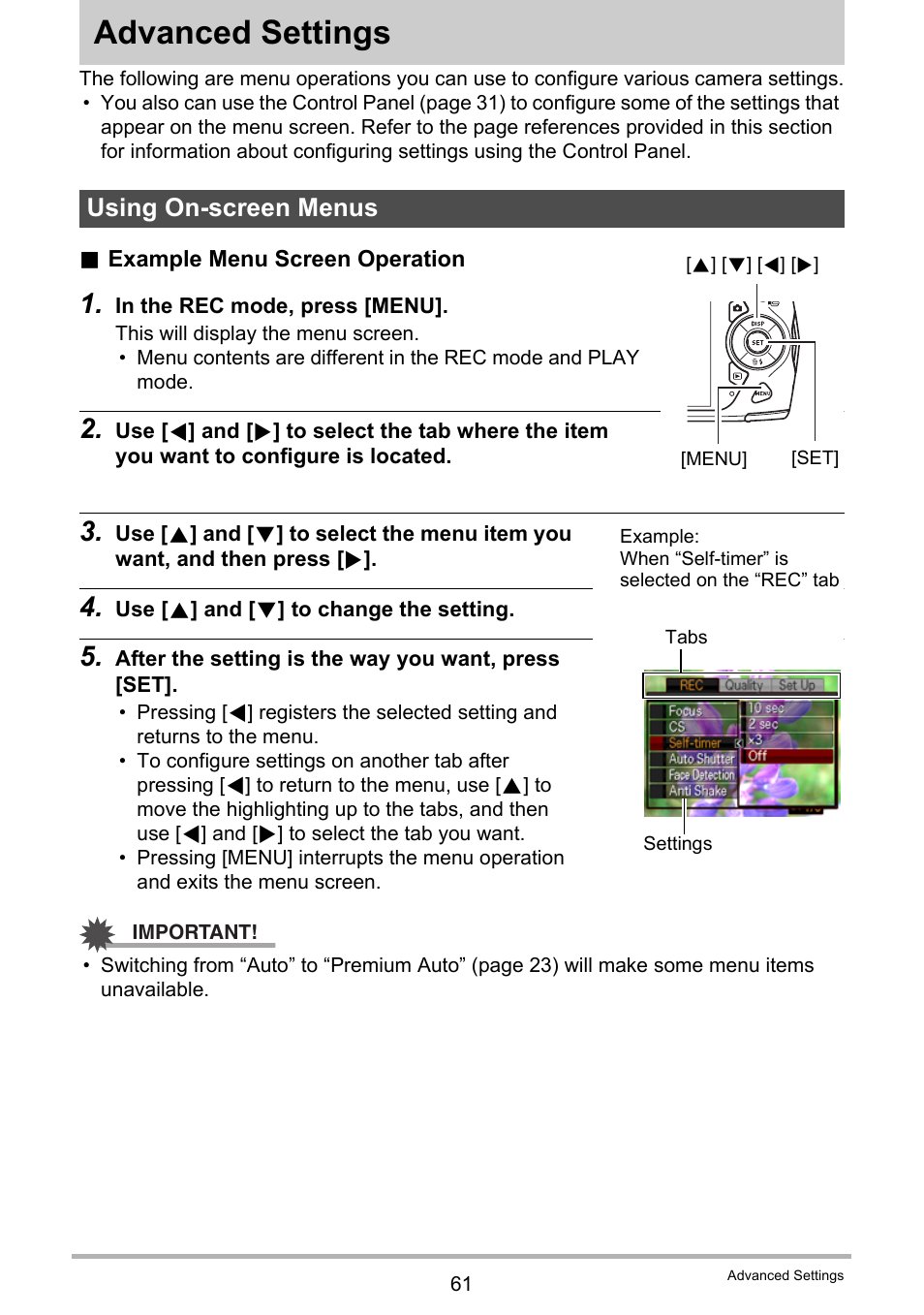 Advanced settings, Using on-screen menus | Casio EXILIM EX-Z2000 User Manual | Page 61 / 195