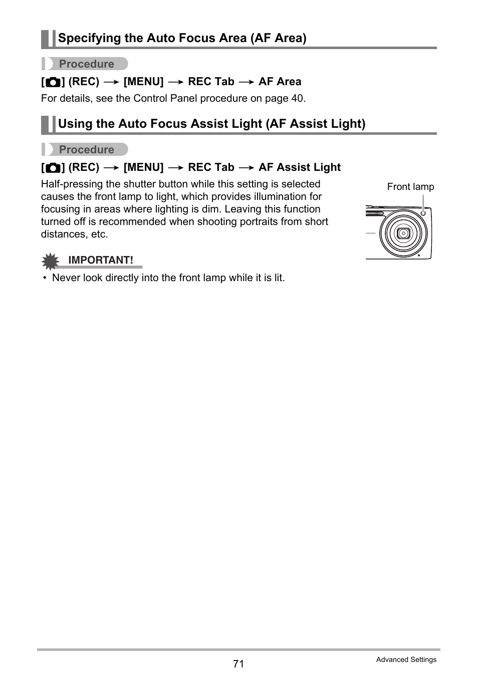 Specifying the auto focus area (af area) | Casio EXILIM EX-Z2000 User Manual | Page 71 / 195