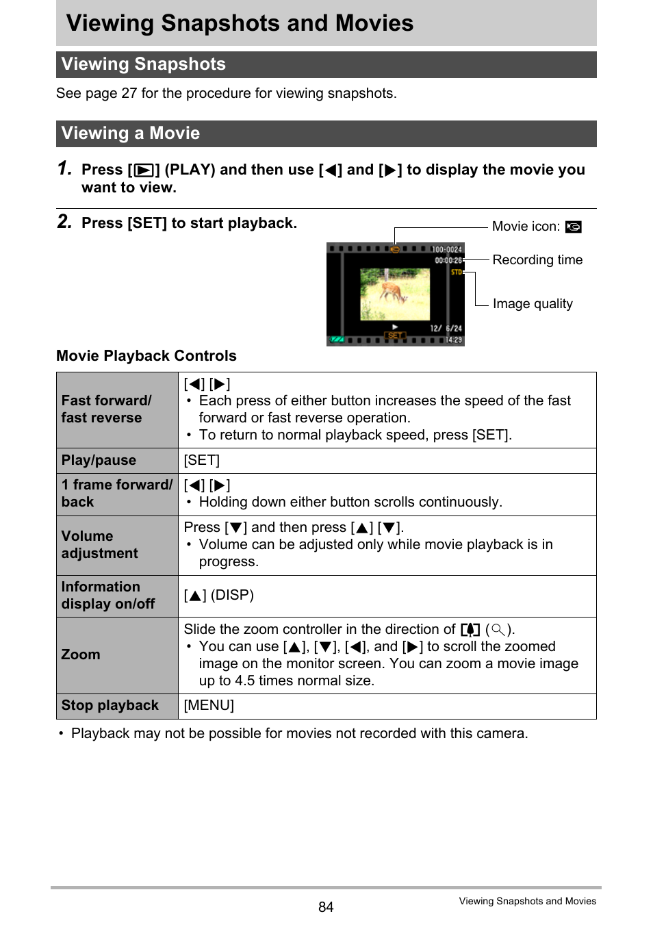 Viewing snapshots and movies, Viewing snapshots, Viewing a movie | Viewing snapshots viewing a movie, Age 84 | Casio EXILIM EX-Z2000 User Manual | Page 84 / 195