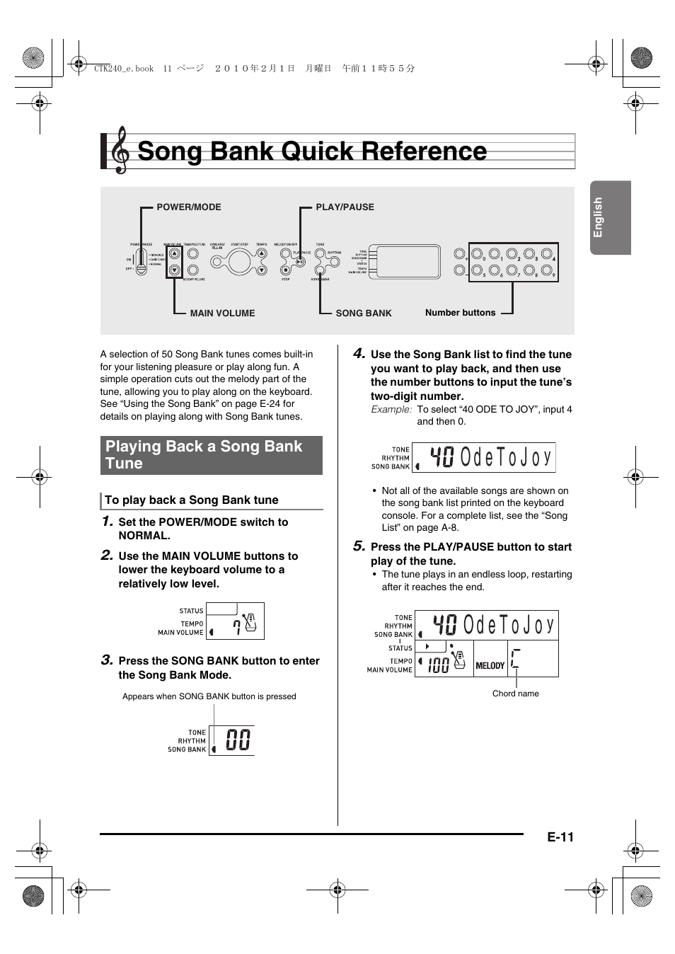 Song bank quick reference, Playing back a song bank tune | Casio CTK240ES1A User Manual | Page 13 / 46
