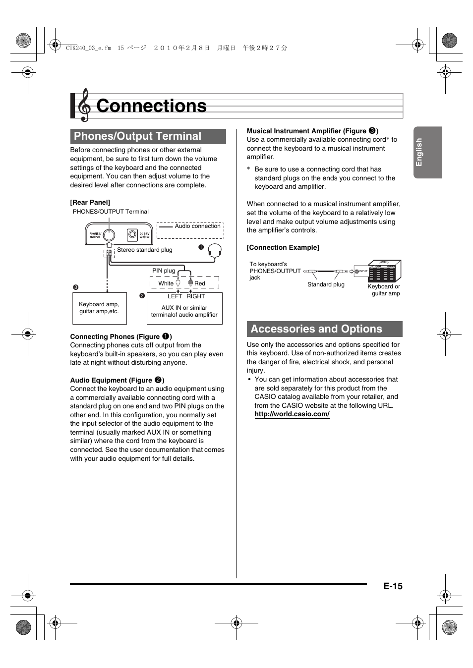 Connections, Phones/output terminal, Accessories and options | E-15 | Casio CTK240ES1A User Manual | Page 17 / 46
