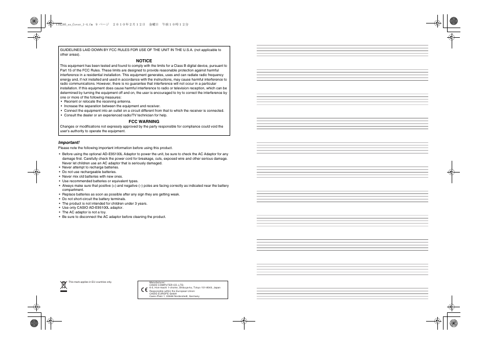 Important, Notice, Fcc warning | Casio CTK240ES1A User Manual | Page 2 / 46