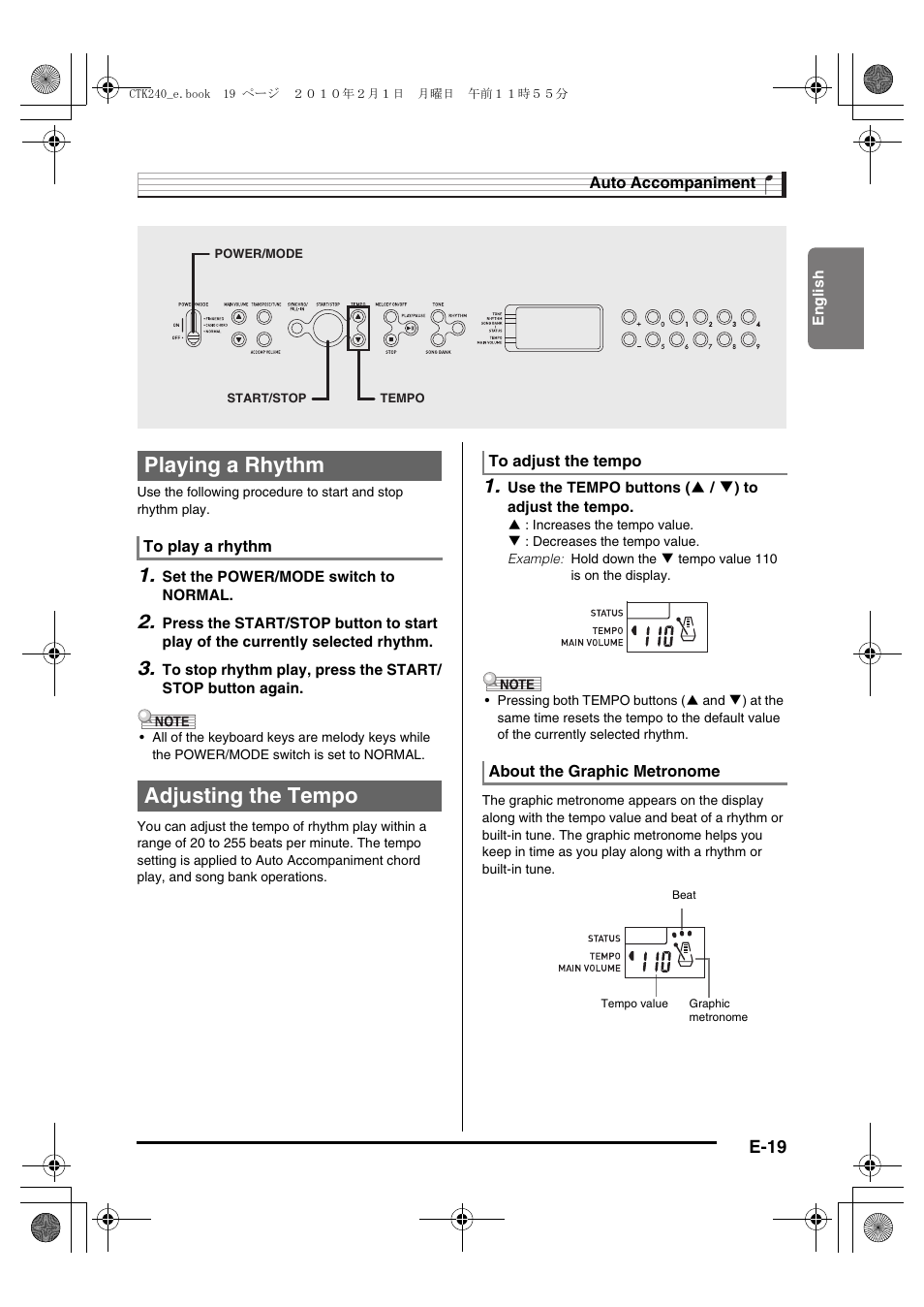 Playing a rhythm, Adjusting the tempo | Casio CTK240ES1A User Manual | Page 21 / 46