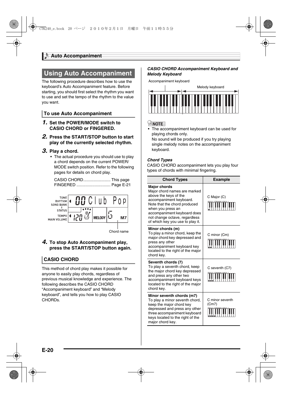 Using auto accompaniment | Casio CTK240ES1A User Manual | Page 22 / 46