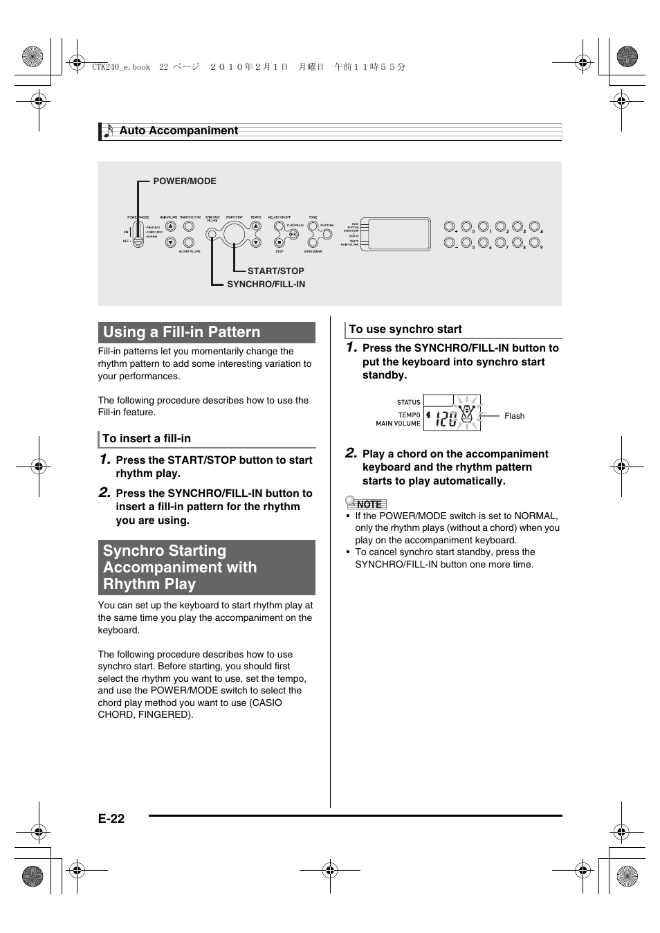 Using a fill-in pattern, Synchro starting accompaniment with rhythm play | Casio CTK240ES1A User Manual | Page 24 / 46