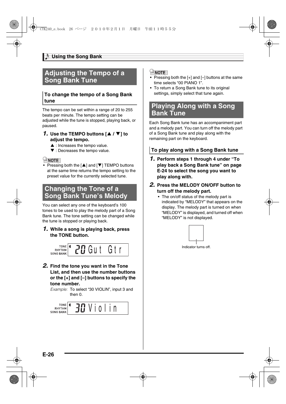 Adjusting the tempo of a song bank tune, Changing the tone of a song bank tune’s melody, Playing along with a song bank tune | Casio CTK240ES1A User Manual | Page 28 / 46