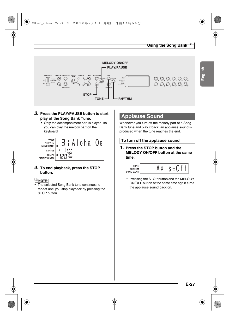 L s = o f f, Applause sound | Casio CTK240ES1A User Manual | Page 29 / 46