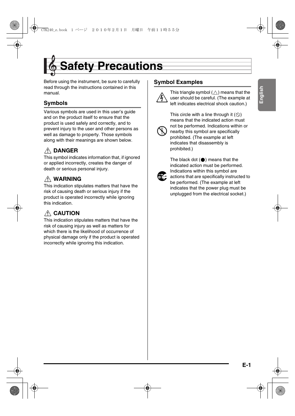 Safety precautions | Casio CTK240ES1A User Manual | Page 3 / 46