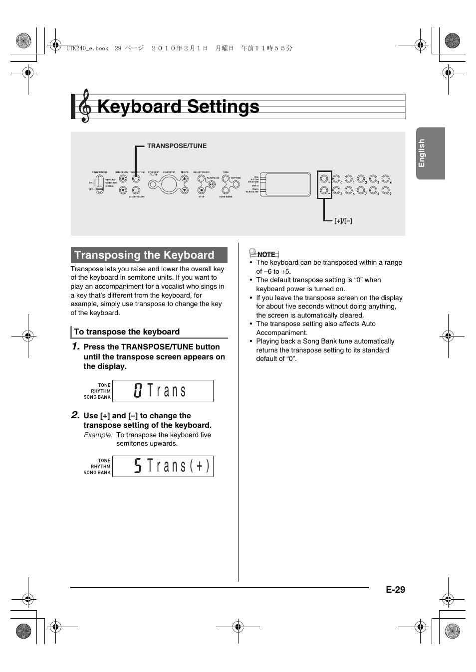 Keyboard settings, Transposing the keyboard | Casio CTK240ES1A User Manual | Page 31 / 46