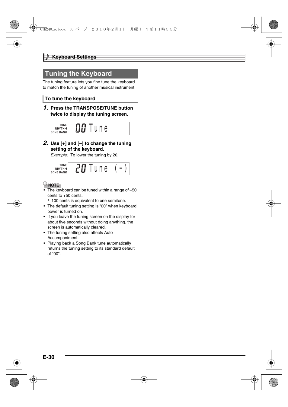 T u n e, Tuning the keyboard | Casio CTK240ES1A User Manual | Page 32 / 46