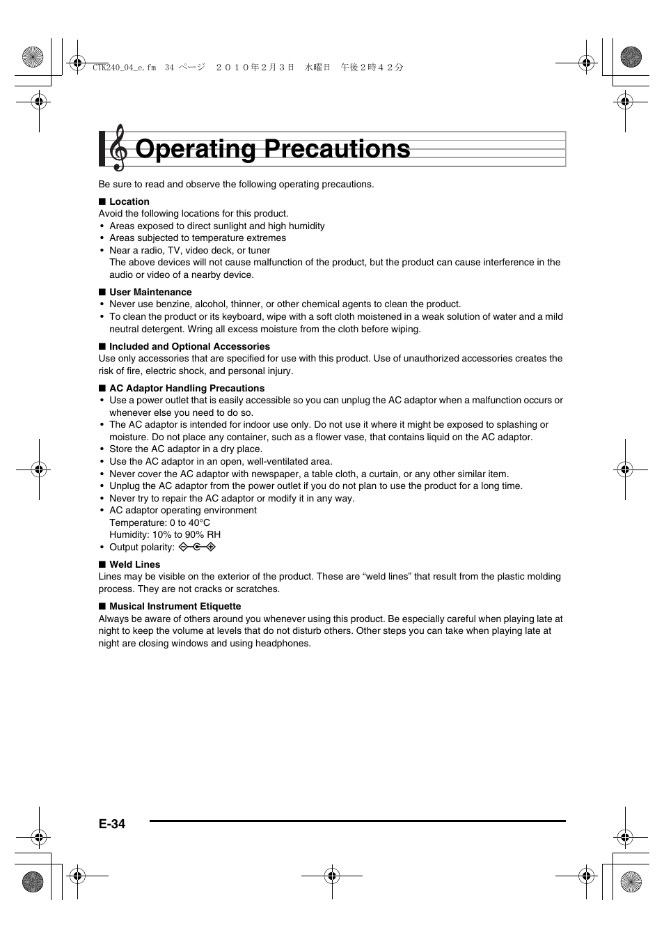 Operating precautions, E-34 | Casio CTK240ES1A User Manual | Page 36 / 46