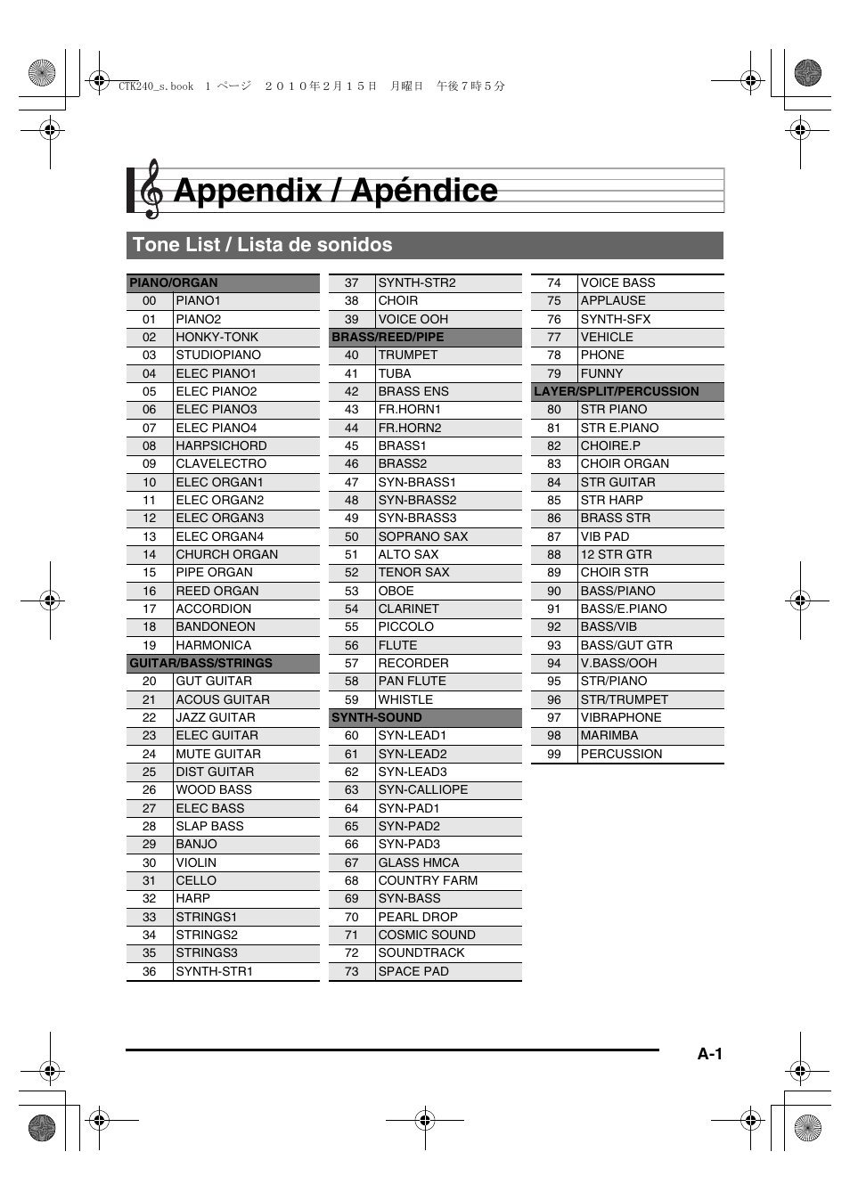 Appendix / apéndice, Tone list / lista de sonidos | Casio CTK240ES1A User Manual | Page 38 / 46