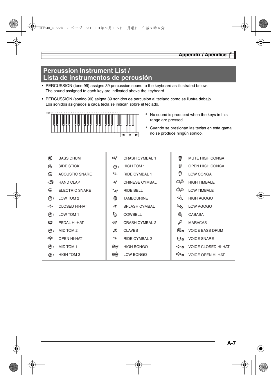 Appendix / apéndice | Casio CTK240ES1A User Manual | Page 44 / 46
