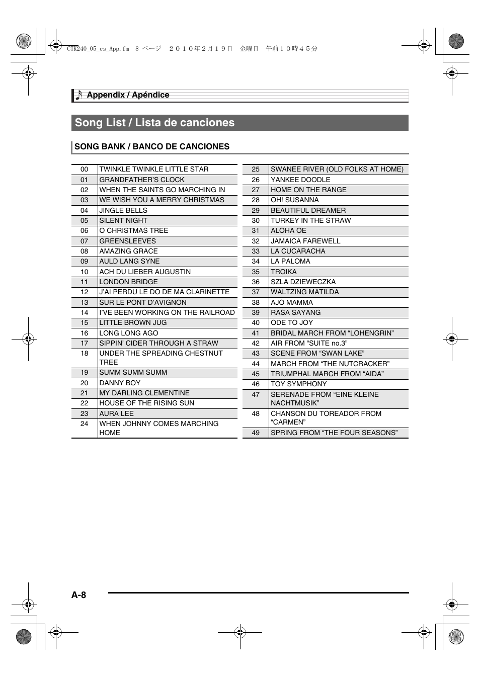 Song list / lista de canciones | Casio CTK240ES1A User Manual | Page 45 / 46